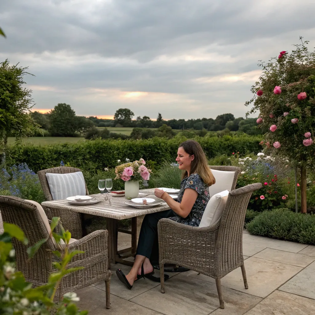 Emily enjoying her handcrafted outdoor dining set