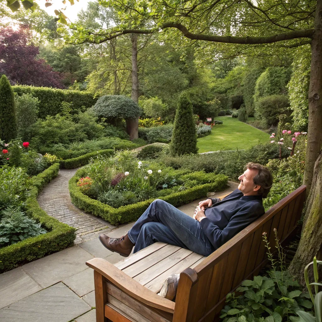 Simon relaxing in his handcrafted garden setup